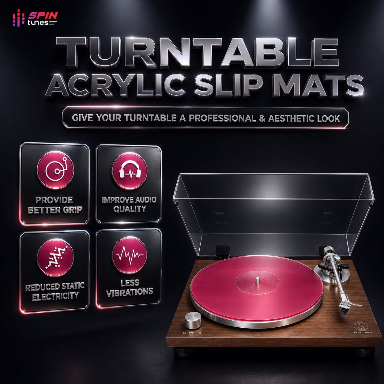 Turntable Acrylic Slipmat for Vinyl LP Record Players 12" (Lit_Red Slipmat) - Imagen 2